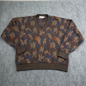 London Fog Sweater Mens Extra Large Brown Cotton V-Neck Abstract Knit Raised USA